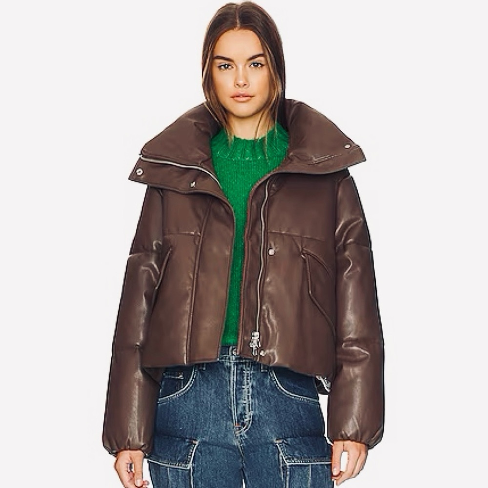 pistola Brown Leather Puffer Jacket